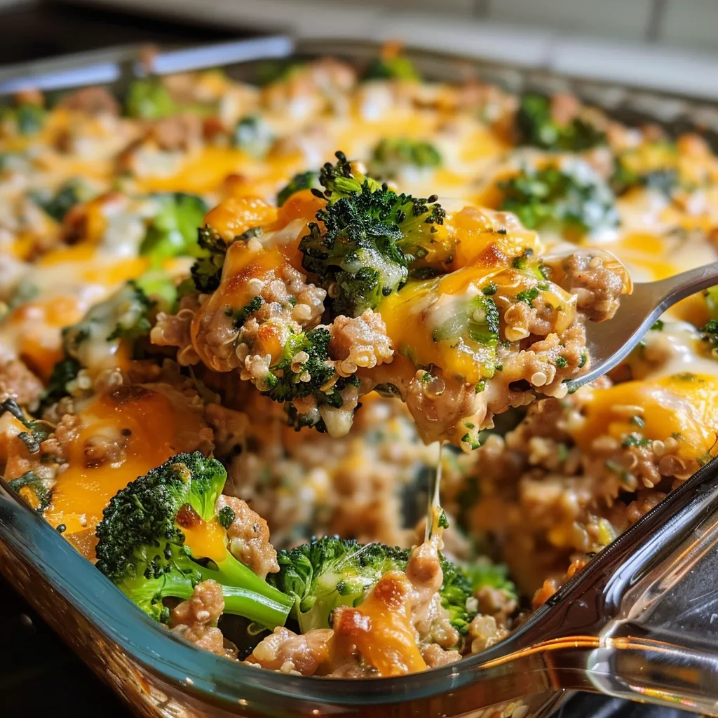 Close-up of a savory ground turkey casserole with melted cheese and colorful vegetables.