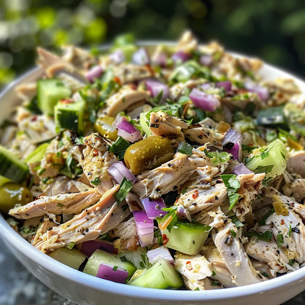 ['Close-up view of a fresh rotisserie chicken salad with vibrant vegetables.', 'Side perspective of a delicious rotisserie chicken salad in a bowl.', 'Juicy rotisserie chicken salad showcasing diced ingredients and creamy dressing.', 'Colorful rotisserie chicken salad featuring shredded chicken and crunchy vegetables.']