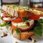 ['A close-up view of a Caprese sandwich with layers of fresh mozzarella, tomatoes, and basil.', 'Side view of a juicy Caprese sandwich featuring mozzarella, tomatoes, and pesto on a baguette.', 'Detailed shot of a vibrant Caprese sandwich showcasing basil, fresh tomatoes, and creamy mozzarella.', 'Close-up of a freshly made Caprese sandwich with ingredients visibly stacked, highlighting its freshness.']