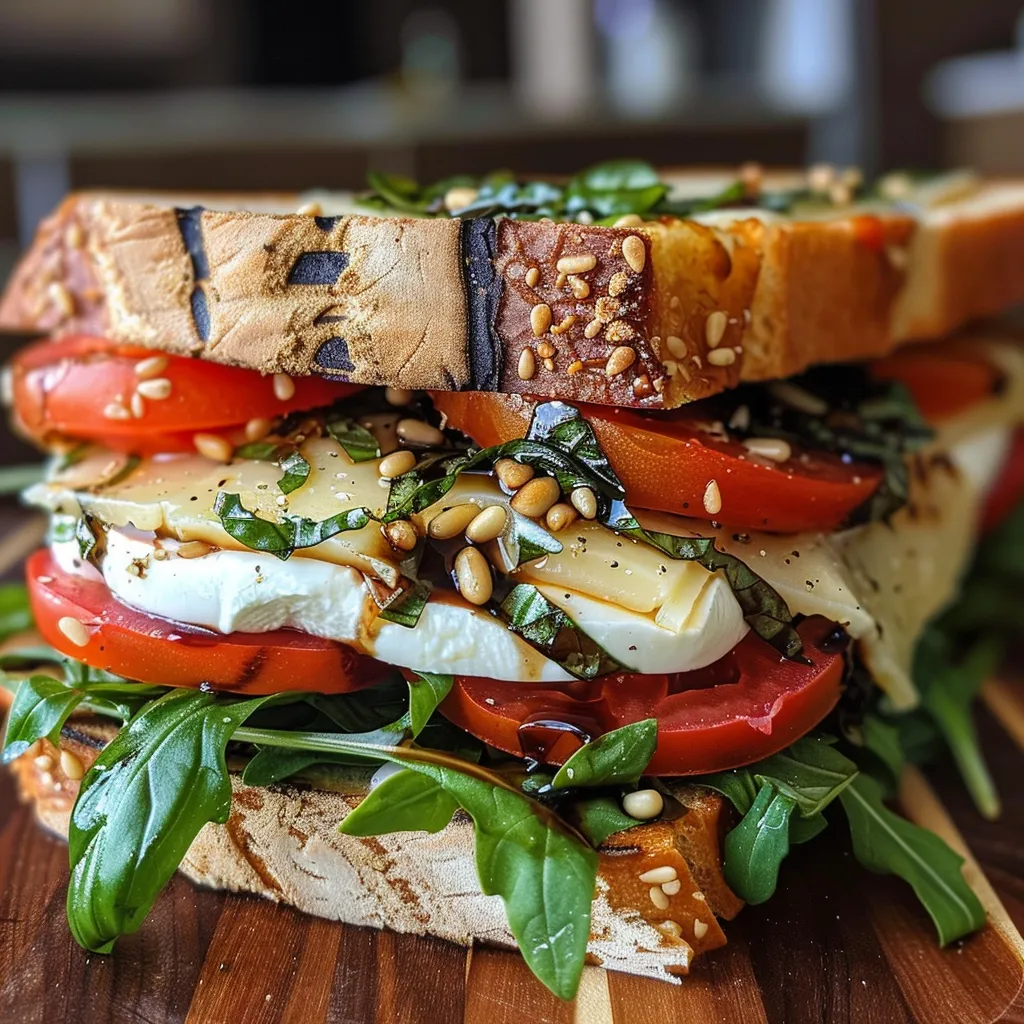 ['A close-up view of a Caprese sandwich with layers of fresh mozzarella, tomatoes, and basil.', 'Side view of a juicy Caprese sandwich featuring mozzarella, tomatoes, and pesto on a baguette.', 'Detailed shot of a vibrant Caprese sandwich showcasing basil, fresh tomatoes, and creamy mozzarella.', 'Close-up of a freshly made Caprese sandwich with ingredients visibly stacked, highlighting its freshness.']