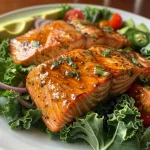 ['Close-up view of Spicy Honey Glazed Salmon Salad featuring vibrant ingredients.', 'Side view of a colorful Spicy Honey Glazed Salmon Salad on a white plate.', 'Juicy salmon atop fresh greens, garnished with tomatoes and jalapenos.', 'A delicious salad with glazed salmon, avocado, and walnuts, displayed artistically.']