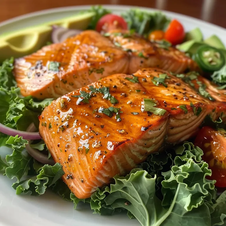 ['Close-up view of Spicy Honey Glazed Salmon Salad featuring vibrant ingredients.', 'Side view of a colorful Spicy Honey Glazed Salmon Salad on a white plate.', 'Juicy salmon atop fresh greens, garnished with tomatoes and jalapenos.', 'A delicious salad with glazed salmon, avocado, and walnuts, displayed artistically.']