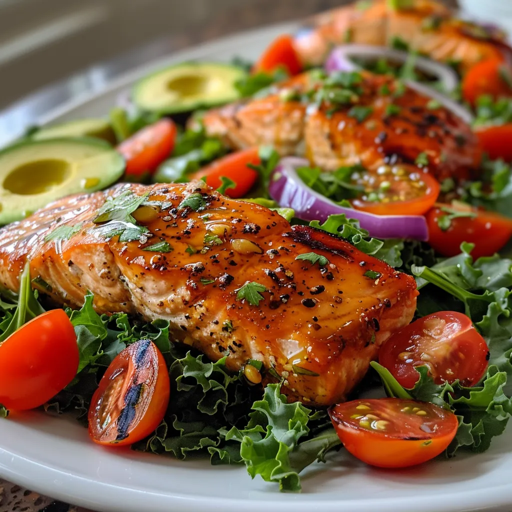 ['Close-up view of Spicy Honey Glazed Salmon Salad featuring vibrant ingredients.', 'Side view of a colorful Spicy Honey Glazed Salmon Salad on a white plate.', 'Juicy salmon atop fresh greens, garnished with tomatoes and jalapenos.', 'A delicious salad with glazed salmon, avocado, and walnuts, displayed artistically.']