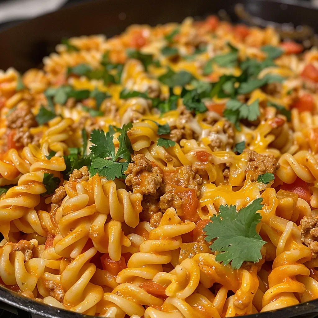 ['Close-up view of creamy cheddar turkey taco pasta with vibrant yellow bell pepper and garnished with cilantro.', 'A side view of a bowl filled with creamy cheddar turkey taco pasta, showcasing the ingredients and texture.', 'Juicy turkey taco pasta dish with melted cheddar cheese, served in a rustic bowl, highlighting colorful diced vegetables.', 'Rich creamy cheddar pasta with ground turkey, diced tomatoes, and a sprinkle of cilantro, captured in natural light.']