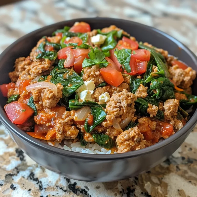 ['Close-up of a creamy ground turkey and spinach protein bowl with vibrant green spinach and a rich sauce.', 'Side view of a delicious protein bowl filled with ground turkey, creamy cottage cheese, and fresh spinach.', 'Juicy protein bowl featuring ground turkey and spinach, garnished with spices and a creamy texture.', 'Colorful dish showcasing a creamy mixture of ground turkey, spinach, and cottage cheese with seasonings.']