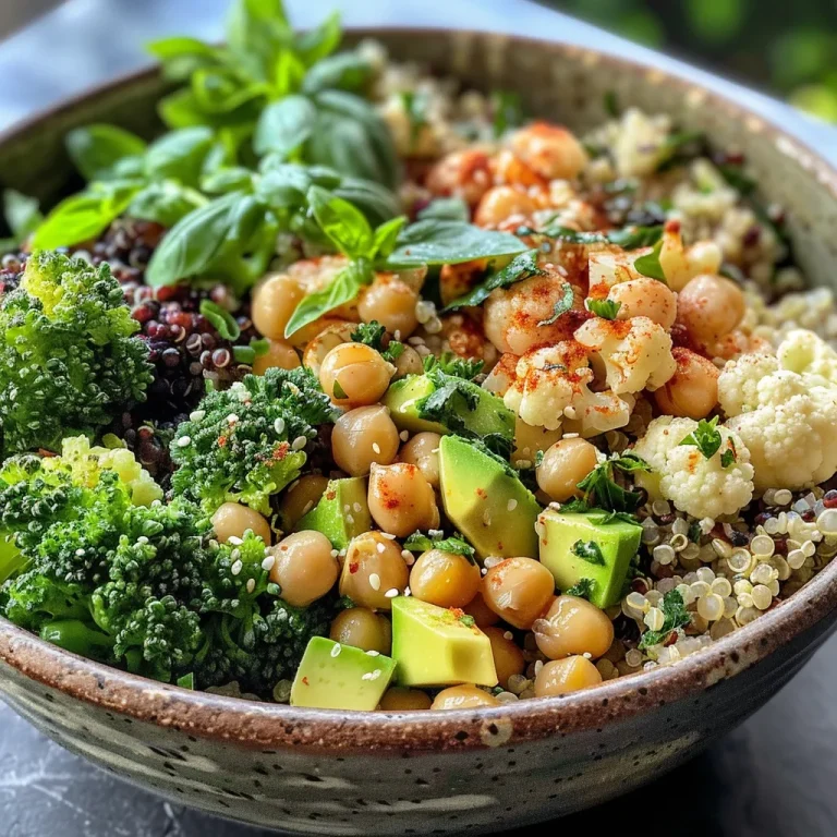 ['Close-up of a colorful Veggie Quinoa Bowl featuring chickpeas and fresh vegetables.', 'A vibrant Veggie Quinoa Bowl with chickpeas, broccoli, and cauliflower in a side view.', 'Detailed view of a healthy Veggie Quinoa Bowl, showcasing various vegetables and grains.', 'Side profile of a Veggie Quinoa Bowl filled with quinoa, chickpeas, and colorful veggies.']