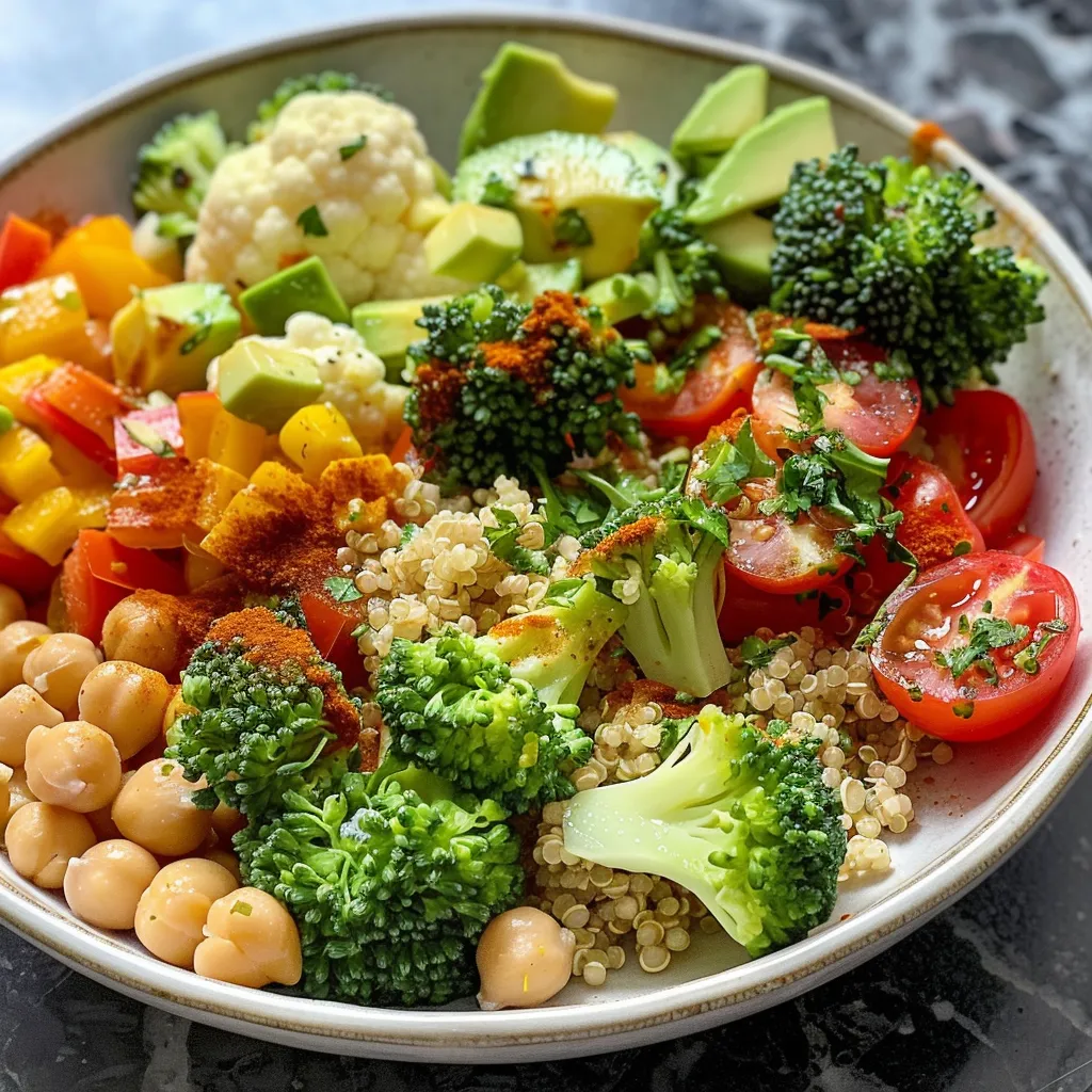 ['Close-up of a colorful Veggie Quinoa Bowl featuring chickpeas and fresh vegetables.', 'A vibrant Veggie Quinoa Bowl with chickpeas, broccoli, and cauliflower in a side view.', 'Detailed view of a healthy Veggie Quinoa Bowl, showcasing various vegetables and grains.', 'Side profile of a Veggie Quinoa Bowl filled with quinoa, chickpeas, and colorful veggies.']