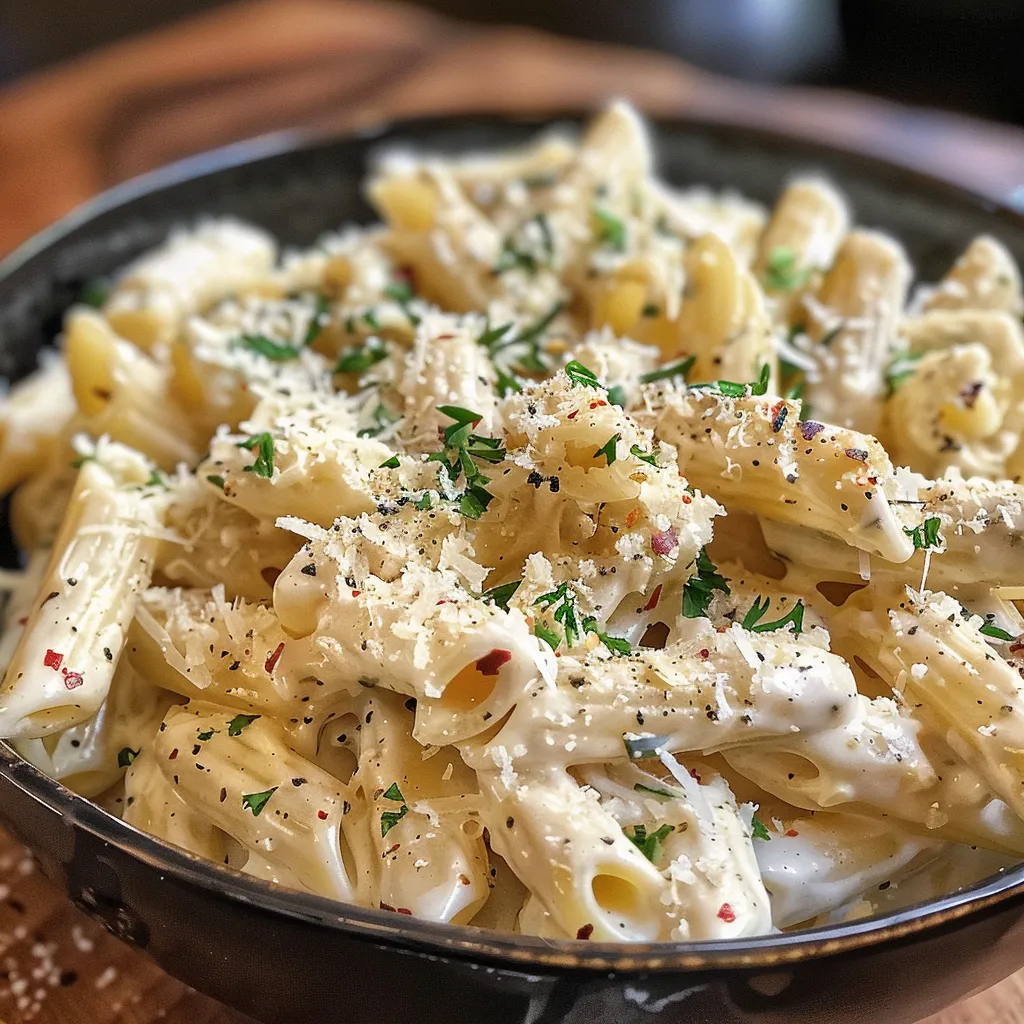 ['Cream cheese pasta served in a bowl, showcasing creamy texture and topped with grated parmesan.', 'Close-up view of creamy pasta dish with visible chunks of cream cheese and garlic.', 'Delicious penne pasta with cream cheese sauce, garnished with parsley and a sprinkle of red pepper flakes.', 'Side view of creamy fusilli pasta highlighting the rich sauce and fresh herbs.']