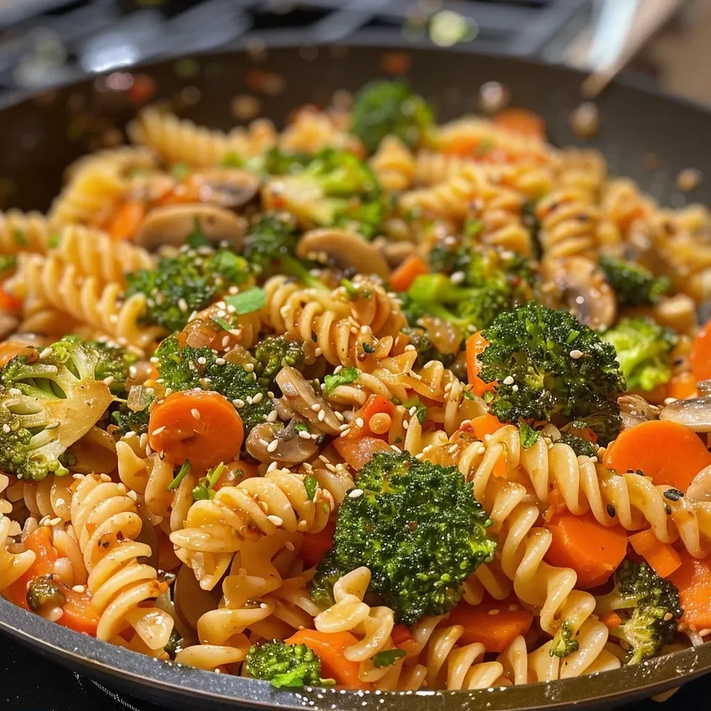 ['A close-up view of a colorful vegan pasta stir-fry featuring fusilli pasta and assorted vegetables.', 'A vibrant dish of vegan pasta stir-fry with broccoli, carrots, and mushrooms, garnished with cilantro.', 'A side view of a delicious vegan pasta stir-fry, showcasing colorful ingredients like zucchini and garlic.', 'A plate of juicy vegan pasta stir-fry with a variety of fresh vegetables in a savory sauce.']