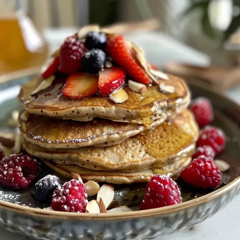 ['Close-up view of golden-brown vegan quinoa pancakes topped with fresh seasonal fruit and chopped almonds.', 'Side view of vegan quinoa pancakes stacked on a plate, drizzled with maple syrup and garnished with fruit.', 'Juicy vegan quinoa pancakes with a glossy finish, surrounded by vibrant seasonal berries and nuts.', 'Detailed image of vegan quinoa pancakes with a light golden color, topped with sliced fruits and almonds.']
