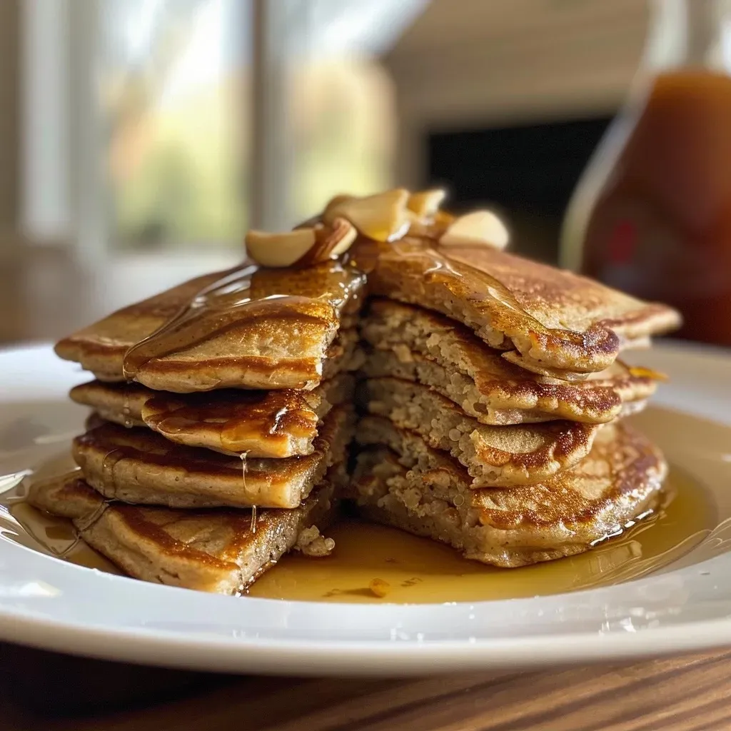 ['Close-up view of golden-brown vegan quinoa pancakes topped with fresh seasonal fruit and chopped almonds.', 'Side view of vegan quinoa pancakes stacked on a plate, drizzled with maple syrup and garnished with fruit.', 'Juicy vegan quinoa pancakes with a glossy finish, surrounded by vibrant seasonal berries and nuts.', 'Detailed image of vegan quinoa pancakes with a light golden color, topped with sliced fruits and almonds.']