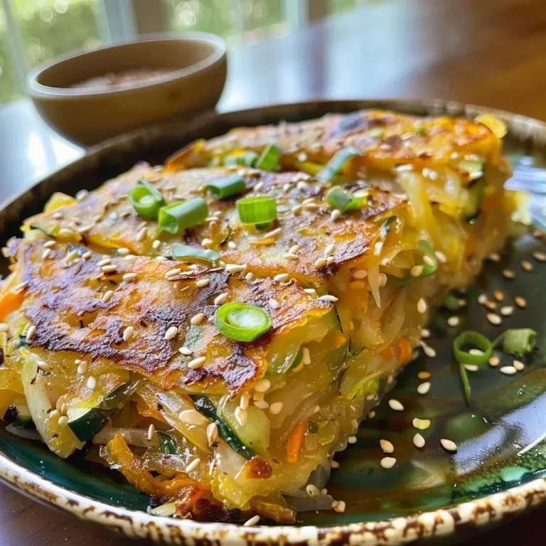 ['Close-up view of a golden-brown Vegan Yachae Jeon decorated with fresh vegetables.', 'Side angle of crispy Korean vegetable pancakes showcasing vibrant colors and textures.', 'Detailed shot of Vegan Yachae Jeon featuring zucchini, sweet potato, and carrots.', 'Juicy Vegan Yachae Jeon with a crispy exterior and colorful vegetable filling.']