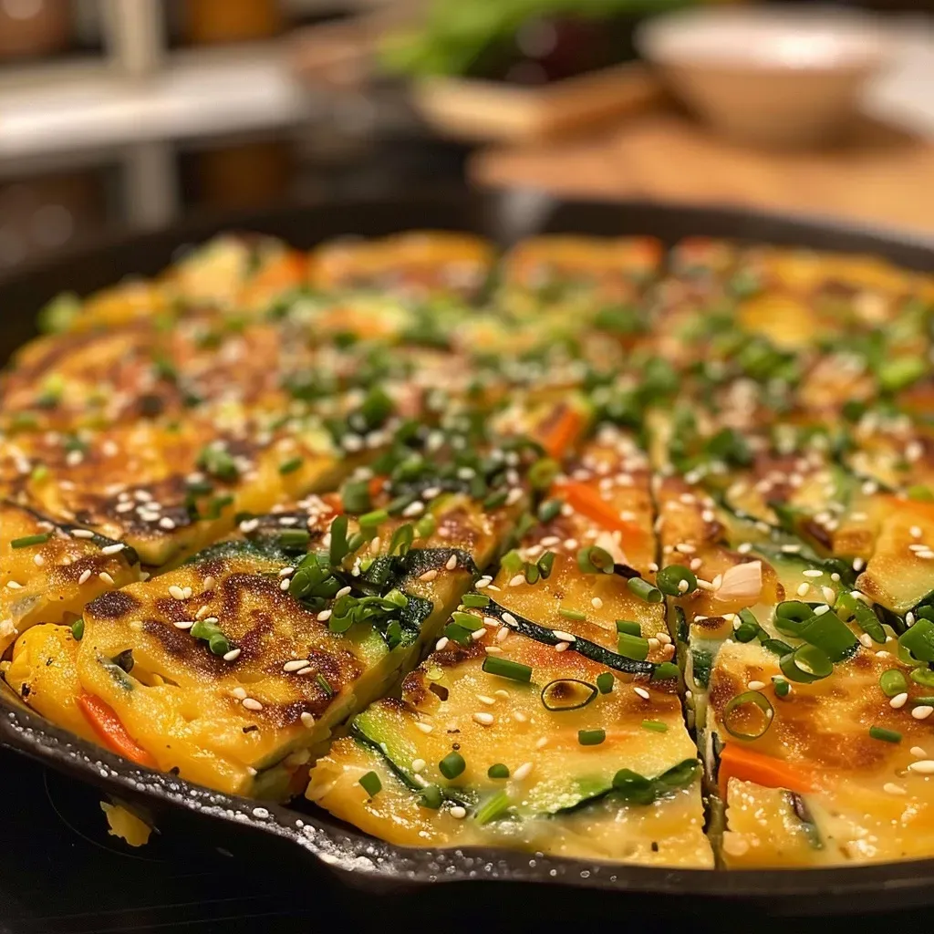 Close-up view of a golden-brown Vegan Yachae Jeon decorated with fresh vegetables.