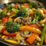 ['Close-up view of a colorful vegetable stir fry with vibrant broccoli, bell pepper, and mushrooms.', 'Side view of a sizzling vegetable stir fry featuring zucchini, snap peas, and carrot rounds.', 'Juicy vegetable stir fry showing a mix of crimini mushrooms, baby corn, and green onions.', 'Freshly cooked vegetable stir fry highlighted by red bell pepper, garlic, and ginger.']