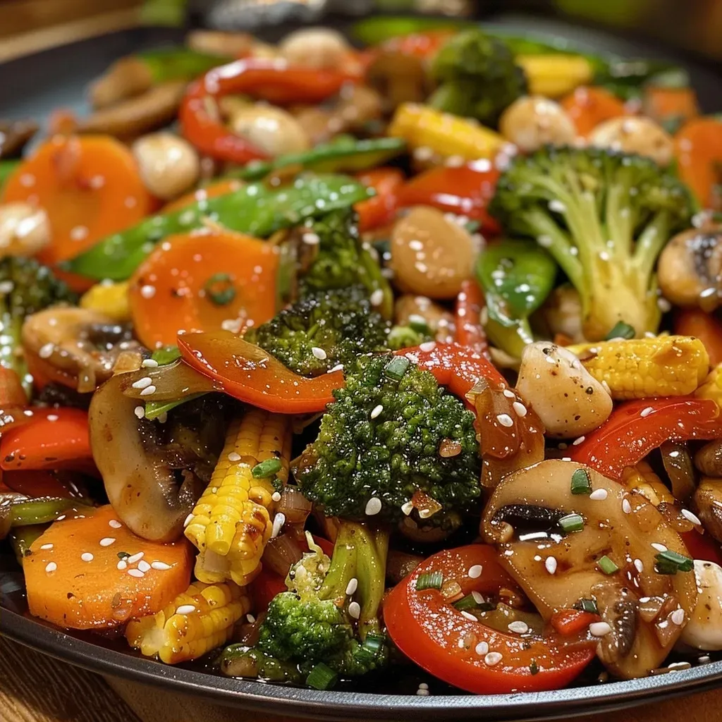 ['Close-up view of a colorful vegetable stir fry with vibrant broccoli, bell pepper, and mushrooms.', 'Side view of a sizzling vegetable stir fry featuring zucchini, snap peas, and carrot rounds.', 'Juicy vegetable stir fry showing a mix of crimini mushrooms, baby corn, and green onions.', 'Freshly cooked vegetable stir fry highlighted by red bell pepper, garlic, and ginger.']