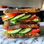 ['Close-up of a delicious vegetarian sandwich featuring whole grain bread with fresh vegetables.', 'Side view of a vibrant vegetarian sandwich filled with avocado, cucumber, and tomato.', 'Juicy vegetarian sandwich displaying layers of spinach, bell pepper, and hummus on whole grain bread.', 'Detailed view of a colorful vegetarian sandwich prepared with fresh ingredients and spices.']