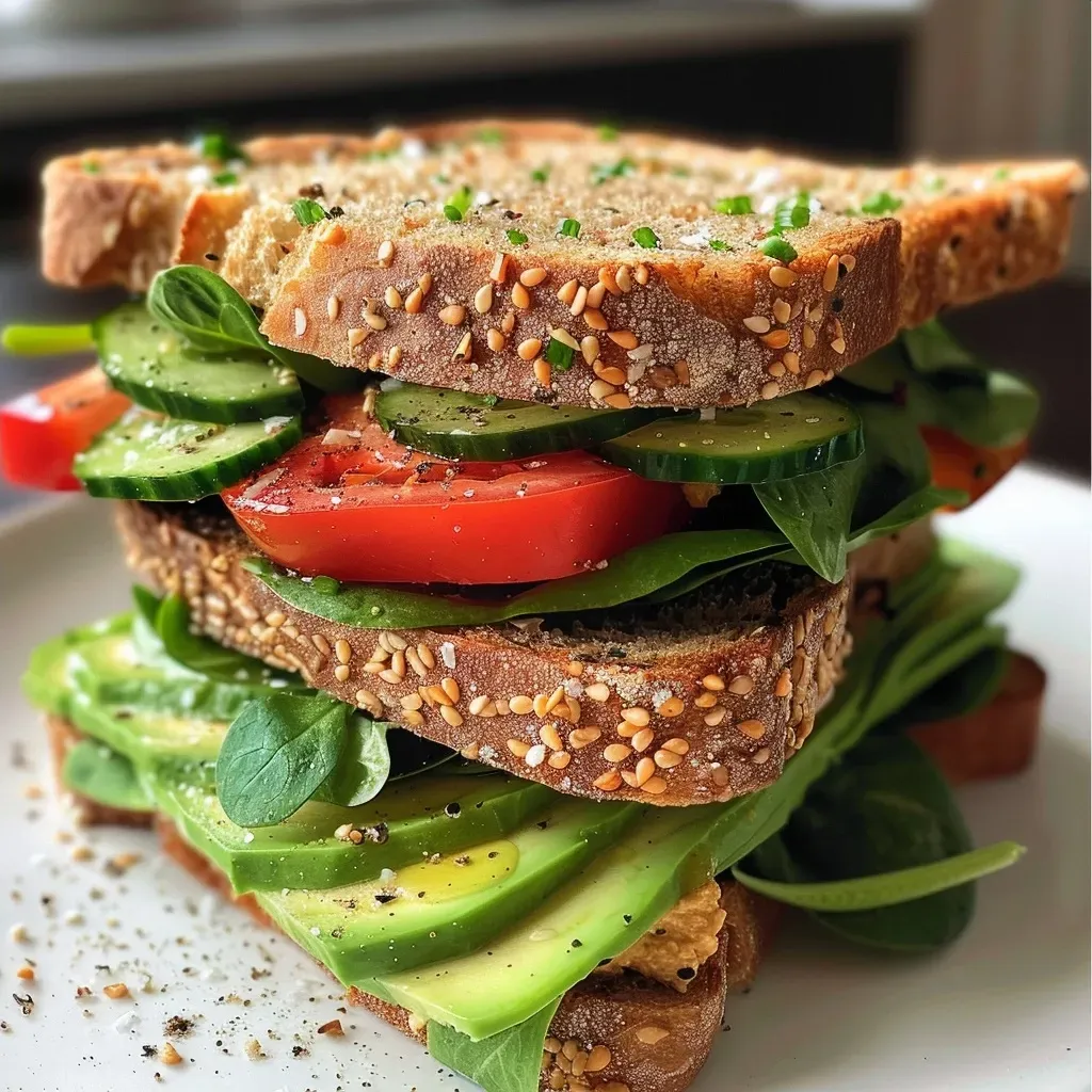 ['Close-up of a delicious vegetarian sandwich featuring whole grain bread with fresh vegetables.', 'Side view of a vibrant vegetarian sandwich filled with avocado, cucumber, and tomato.', 'Juicy vegetarian sandwich displaying layers of spinach, bell pepper, and hummus on whole grain bread.', 'Detailed view of a colorful vegetarian sandwich prepared with fresh ingredients and spices.']