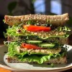 ['Close-up side view of a Veggie Mediterranean Sandwich with vibrant ingredients.', 'A delicious Veggie Mediterranean Sandwich featuring layers of fresh vegetables and hummus.', 'A mouth-watering Veggie Mediterranean Sandwich showcasing colorful toppings and textures.', 'A side view of a hearty Veggie Mediterranean Sandwich with fresh greens and spread.']