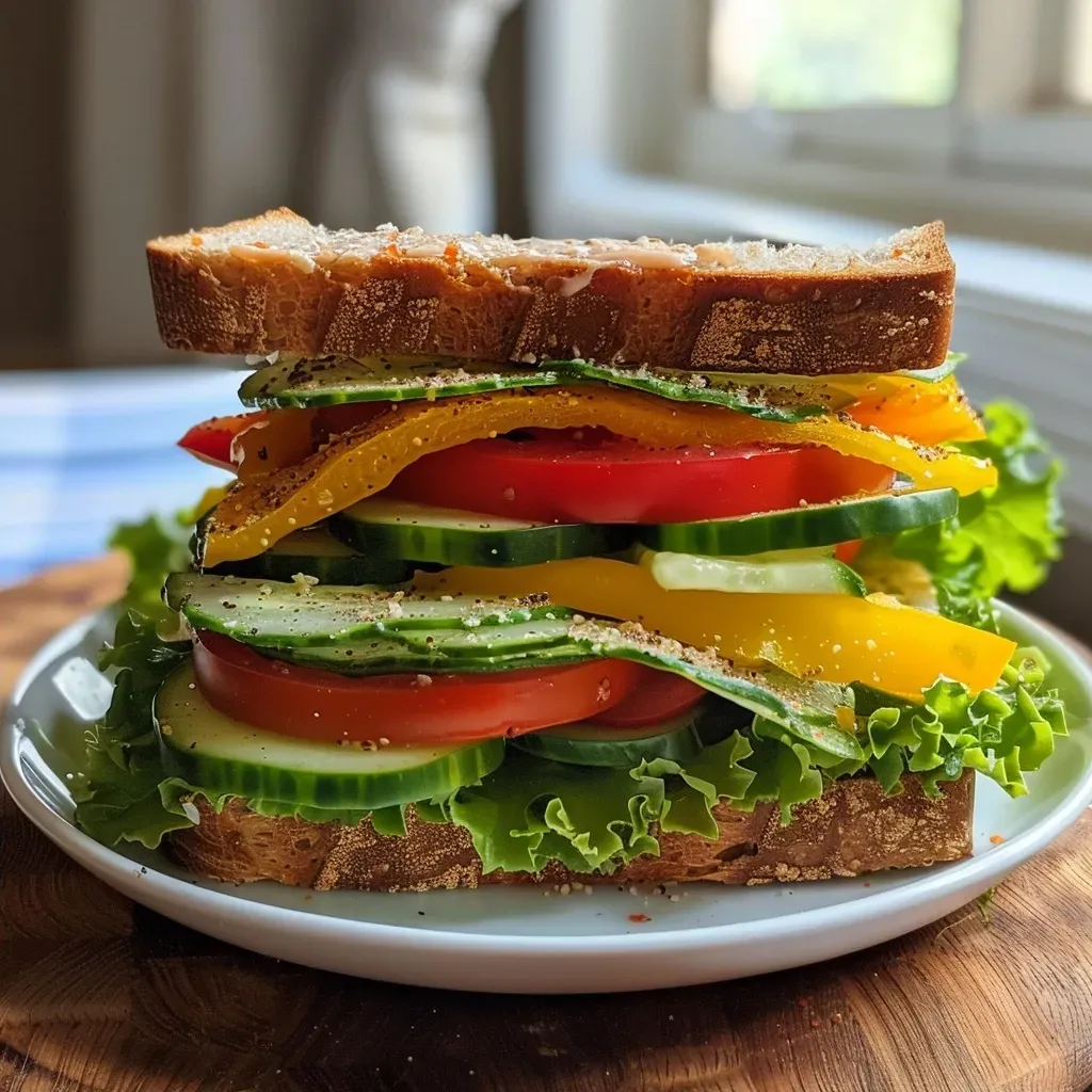 ['A close-up side view of a colorful veggie sandwich with garlic-herb cheese.', 'A juicy veggie sandwich featuring layers of fresh vegetables and spreadable cheese.', 'A mouthwatering sandwich showcasing cucumber, bell pepper, and beets.', 'A detailed view of a veggie sandwich stacked with lettuce and tomato.']