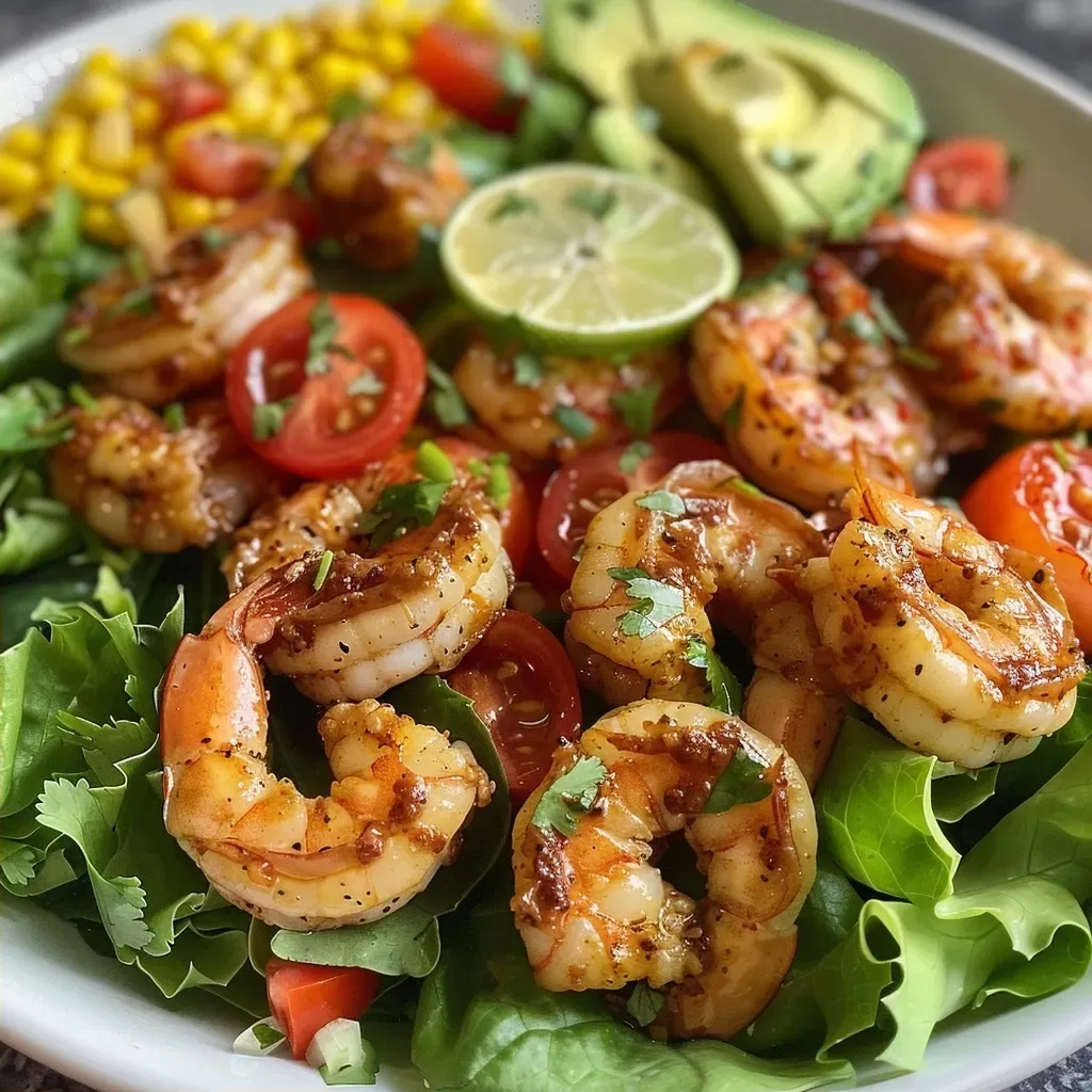 ['Close-up of a vibrant Zesty Honey Lime Shrimp Salad with shrimp, avocado, and cherry tomatoes.', 'Colorful salad featuring grilled shrimp, fresh lettuce, and lime dressing, captured side view.', 'Detail shot of a refreshing shrimp salad with lime, avocado, and tomatoes on a plate.', 'Close-up image of a summer shrimp salad with bright vegetables and a honey lime glaze.']