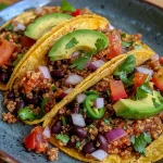 ['Close-up view of Zesty Quinoa and Black Bean Tacos filled with vibrant ingredients.', 'Side view of deliciously stacked Zesty Quinoa and Black Bean Tacos with fresh toppings.', 'Juicy Zesty Quinoa and Black Bean Tacos showcasing colorful vegetables and garnishes.', 'Detailed shot of Zesty Quinoa and Black Bean Tacos, highlighting avocado and cilantro.']