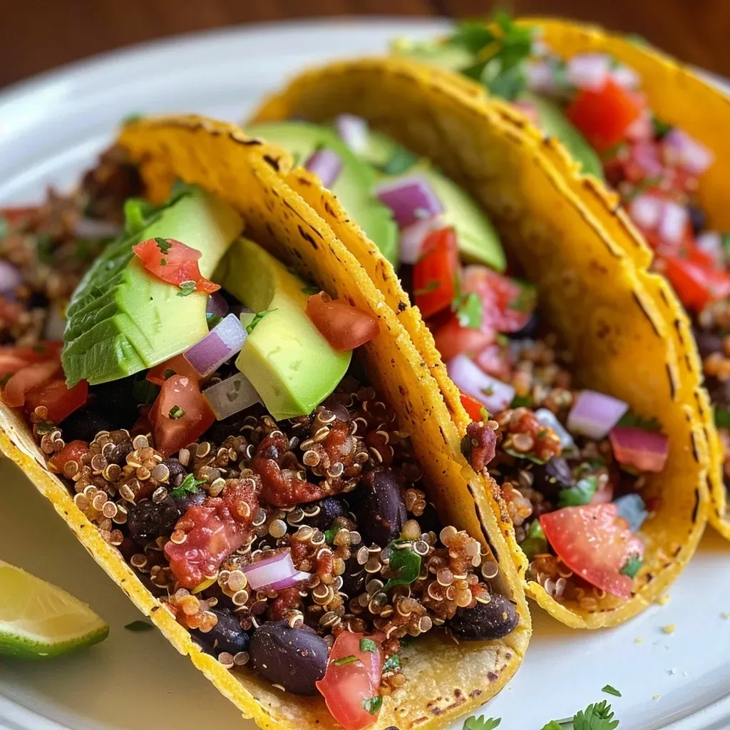 ['Close-up view of Zesty Quinoa and Black Bean Tacos filled with vibrant ingredients.', 'Side view of deliciously stacked Zesty Quinoa and Black Bean Tacos with fresh toppings.', 'Juicy Zesty Quinoa and Black Bean Tacos showcasing colorful vegetables and garnishes.', 'Detailed shot of Zesty Quinoa and Black Bean Tacos, highlighting avocado and cilantro.']