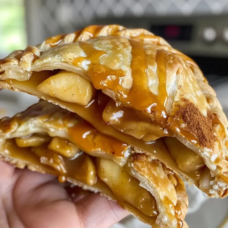 Close-up of golden-brown caramel apple hand pies with a glossy caramel drizzle.