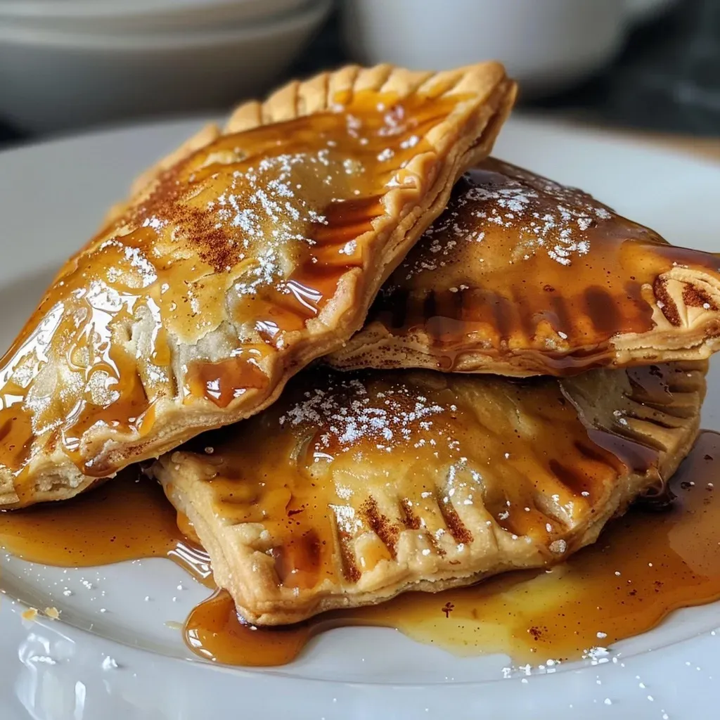 Side view of hand pies filled with apple filling and topped with caramel sauce.