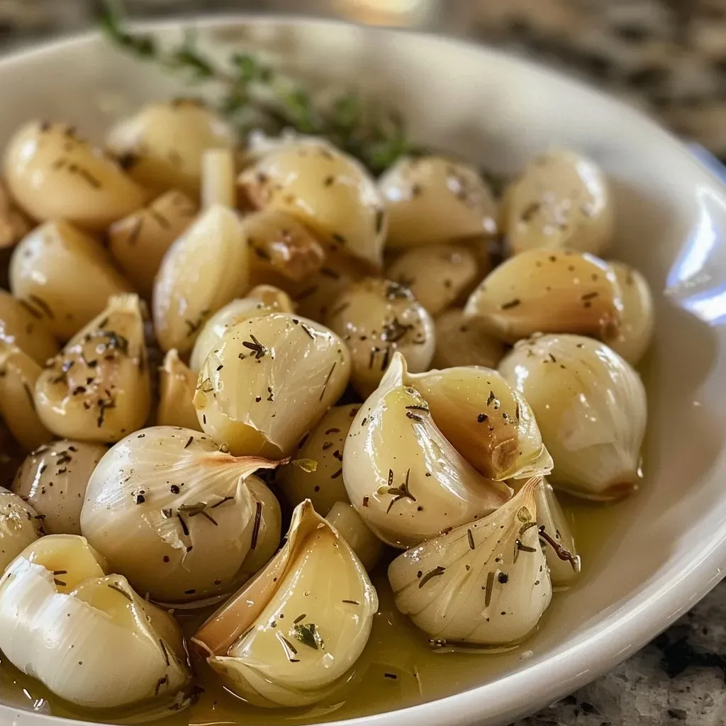 Side view of roasted garlic cloves submerged in olive oil with herbs.