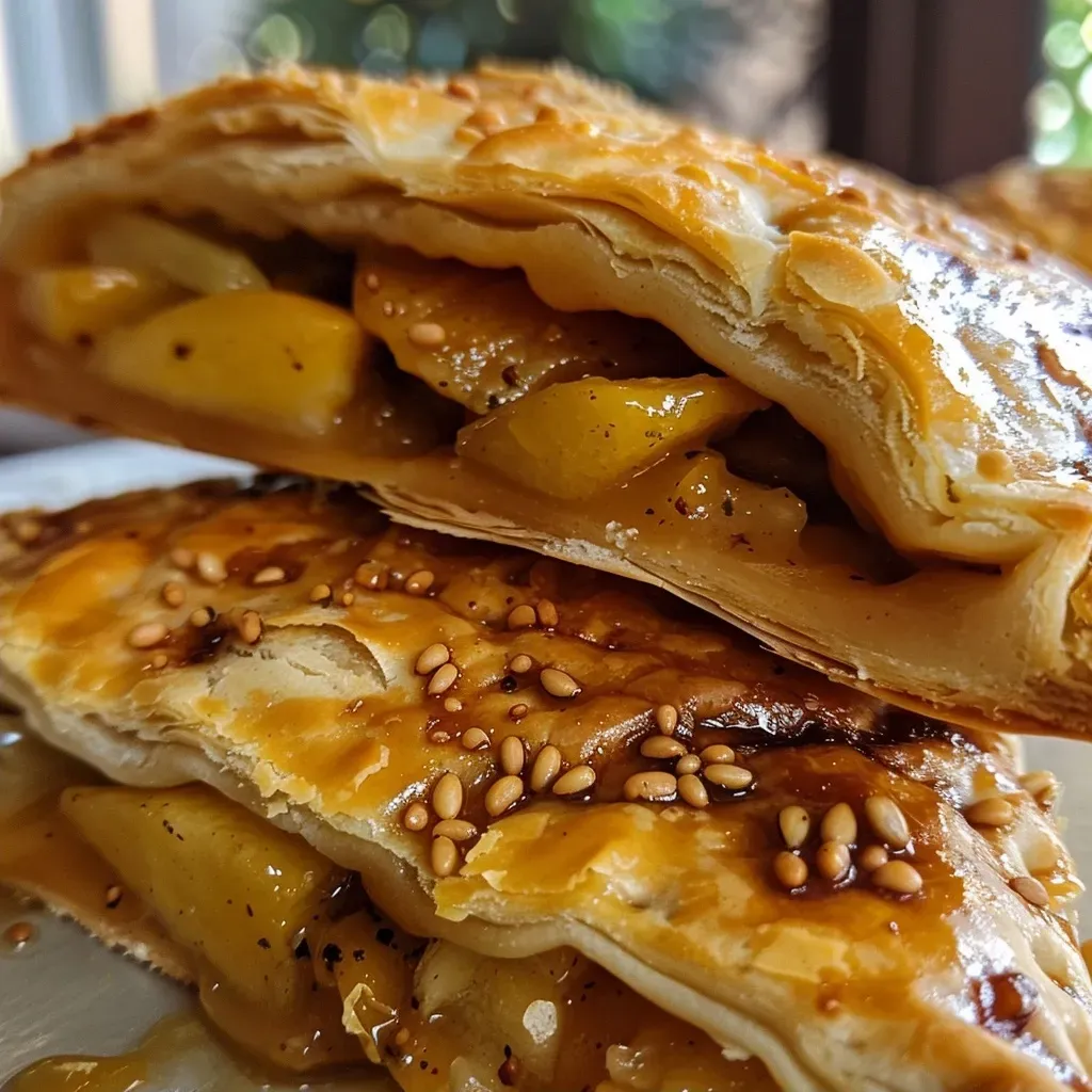 Side view of golden-brown Apfeltaschen garnished with walnut crunch.