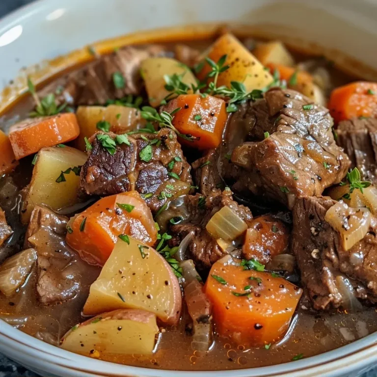 Close-up of a hearty apple cider beef stew in a bowl with colorful vegetables.