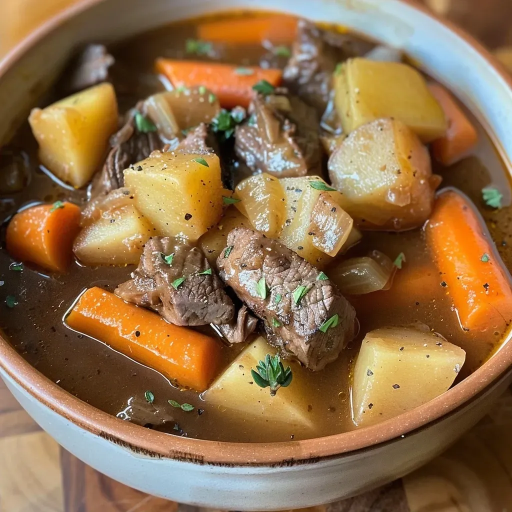 Side view of a steaming bowl of apple cider beef stew with chunks of meat and carrots.