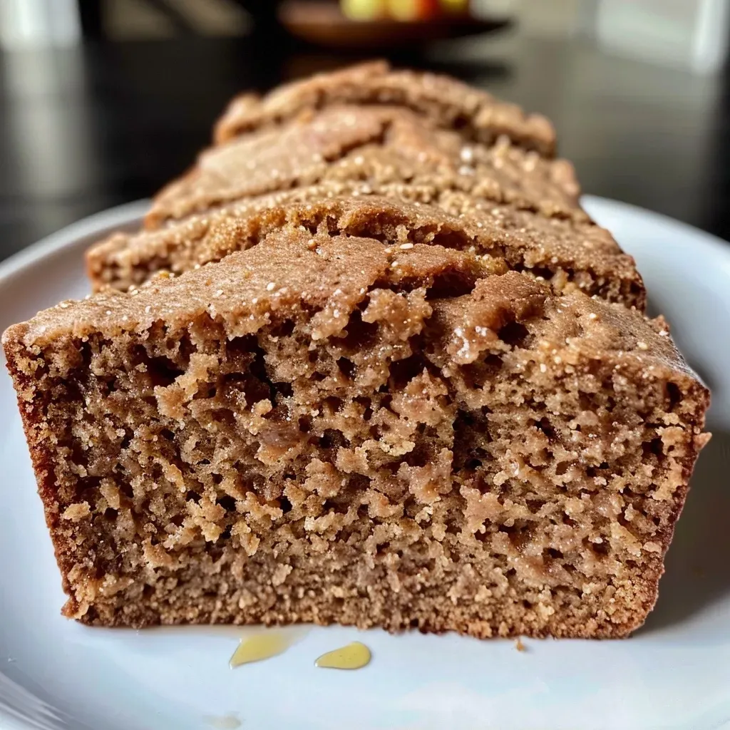 Side view of freshly baked Apple Cider Bread, showcasing its moist texture and spices.