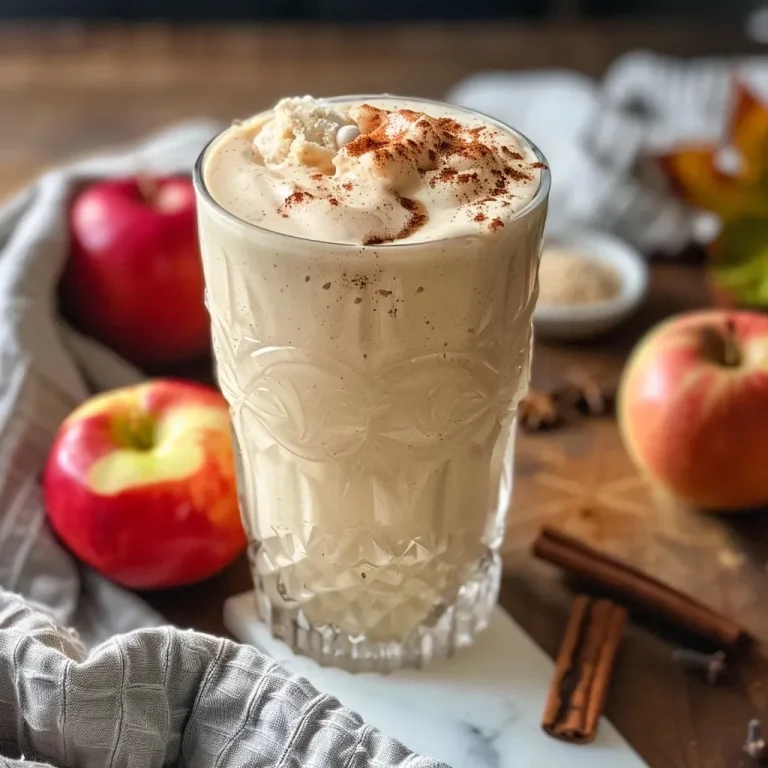 A close-up view of a creamy apple cider milkshake in a clear glass, topped with whipped cream and cinnamon.
