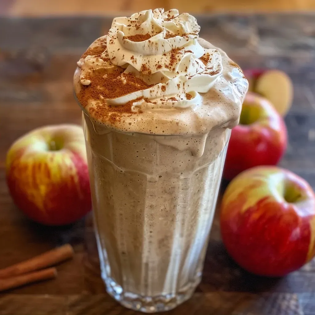 A side view of a delicious apple cider milkshake with a straw, showcasing its thick texture and toppings.