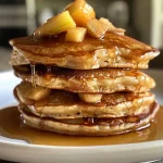 A stack of golden-brown apple cider pancakes with diced apples on top.