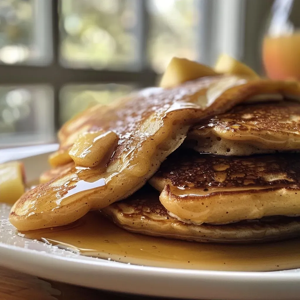 Close-up view of fluffy apple cider pancakes drizzled with syrup and sprinkled with cinnamon.