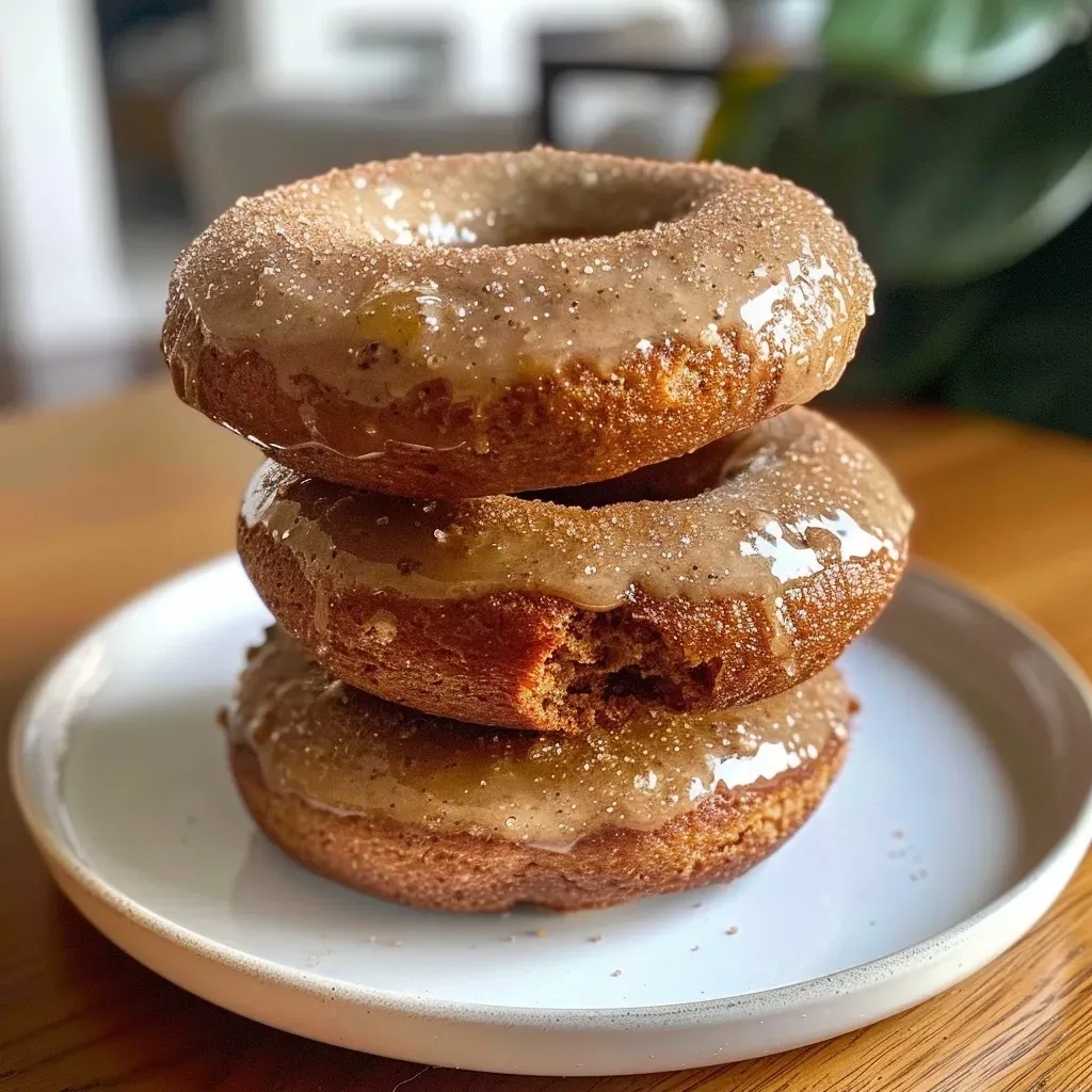 Side view of a healthy, sugar-free apple cider donut on a wooden table.