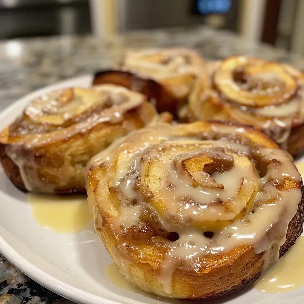 Side view of warm, golden-brown apple cinnamon rolls topped with a sugary glaze.