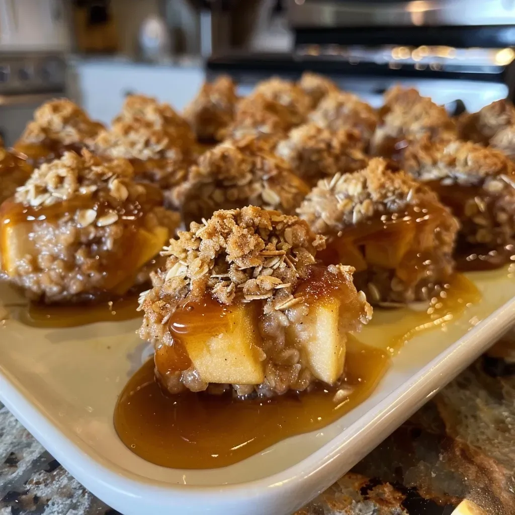 Side view photo of Apple Crisp Bites with visible apple chunks and caramel drizzle.