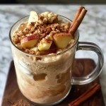 A close-up view of a creamy Apple Crisp Chai Latte topped with apple slices and a sprinkle of cinnamon.