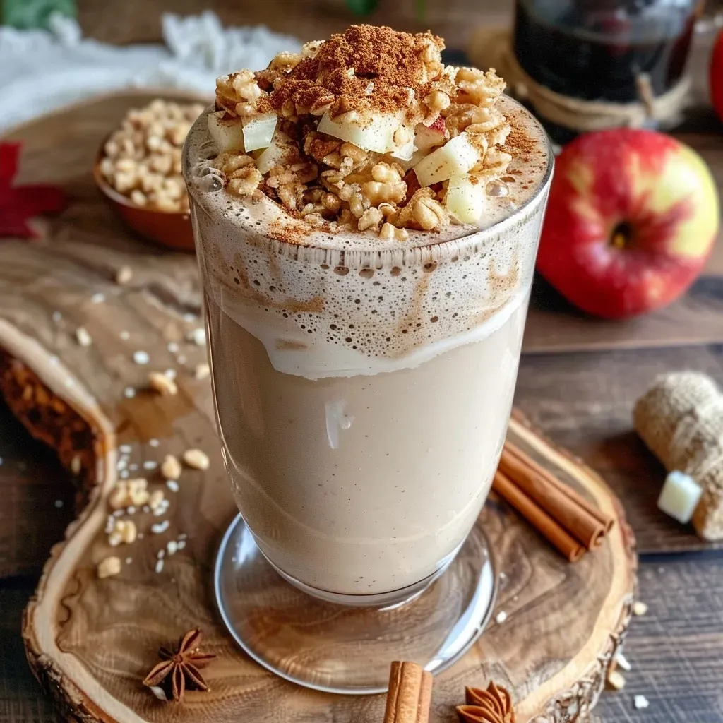 Side angle of a delicious Apple Crisp Chai Latte in a glass, featuring chopped red apples and a dusting of cinnamon.