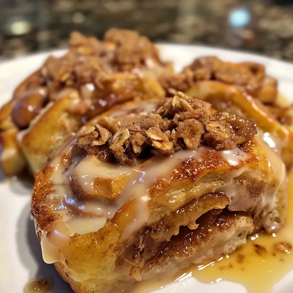 Side view of freshly baked Apple Crisp Cinnamon Rolls drizzled with frosting.
