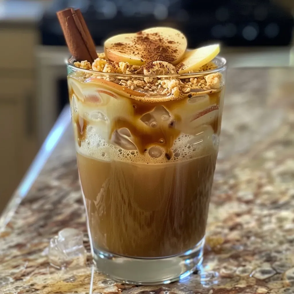 Side view of a refreshing Apple Crisp Cold Brew Latte in a glass with ice and a cinnamon stick.