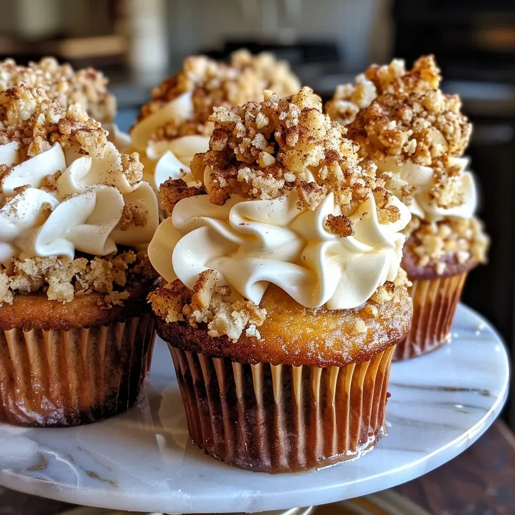 Side view of Apple Crisp Cupcakes decorated with crumbly apple topping.