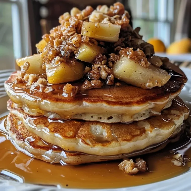 Close-up view of golden-brown apple crisp pancakes topped with cinnamon and diced apples.