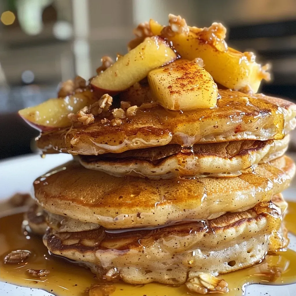 Side angle of fluffy apple crisp pancakes drizzled with syrup and sprinkled with oats.