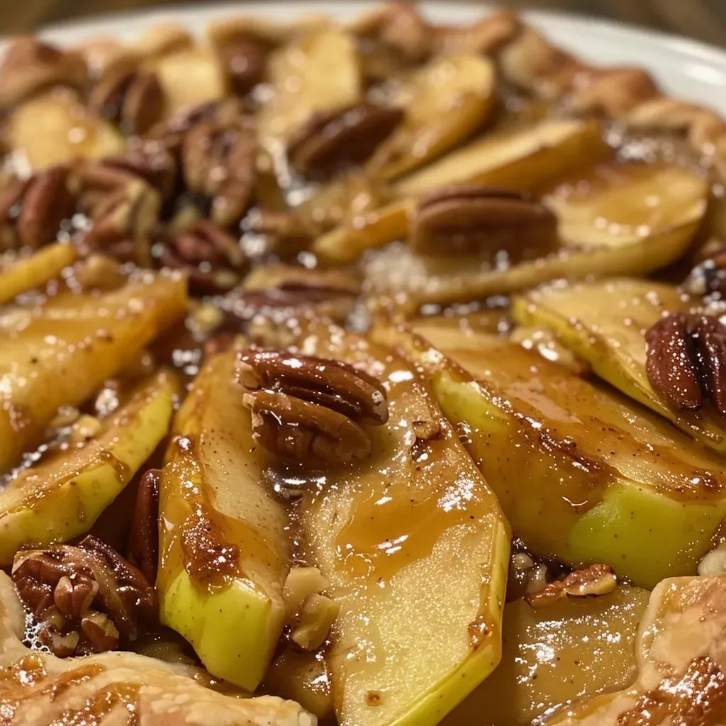 Side view of an apple galette with a golden crust and caramel drizzle.