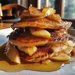 Close-up view of fluffy apple pancakes stacked on a plate, garnished with apple slices.