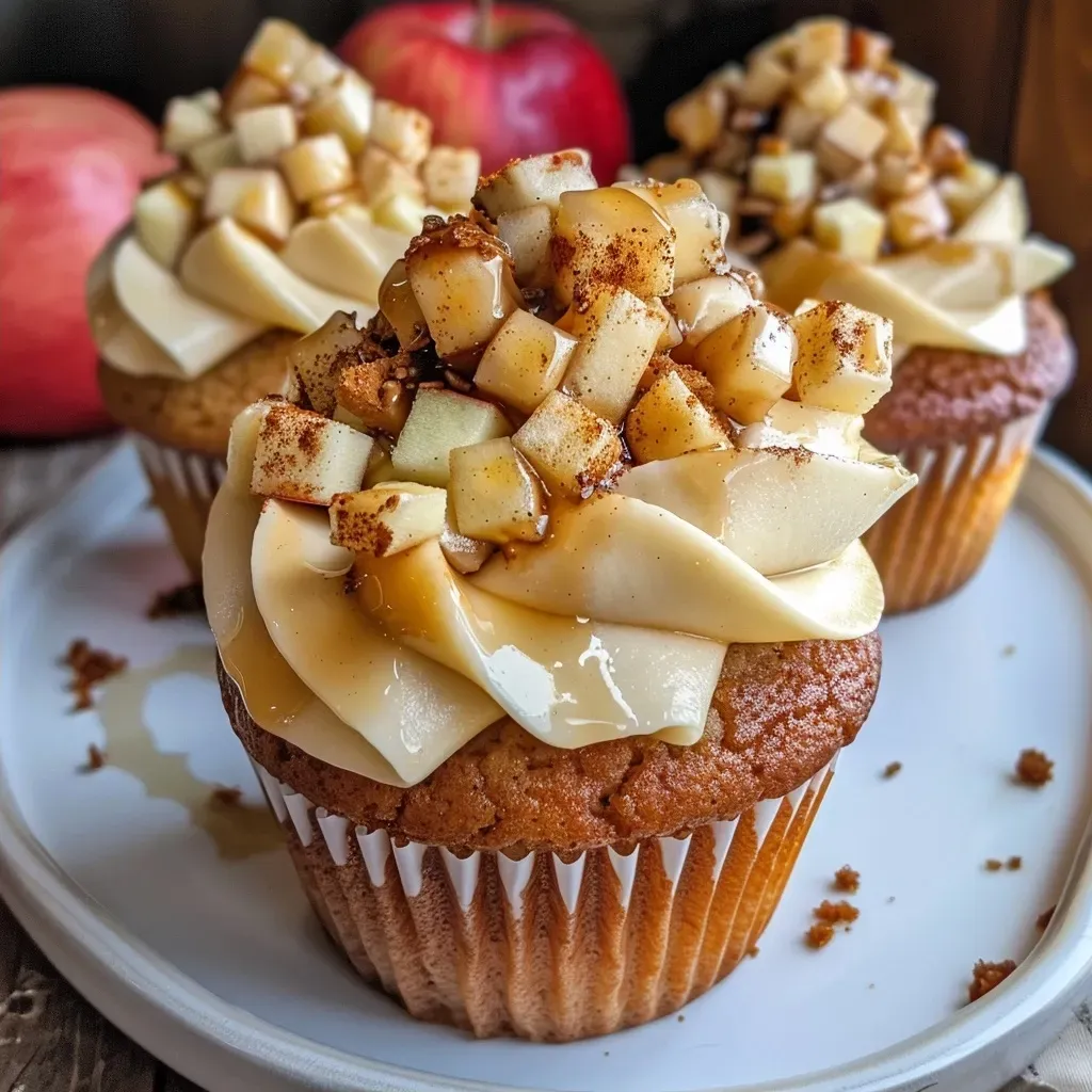 Delicious apple pie cupcakes topped with creamy frosting and a sprinkle of cinnamon, presented from the side.